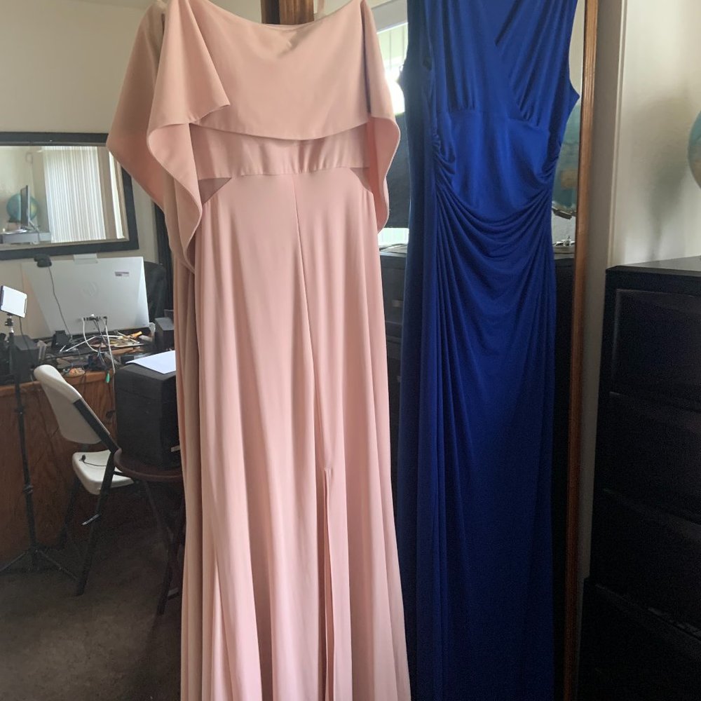Rose-blush colored off the shoulder sheer sides formal dress
